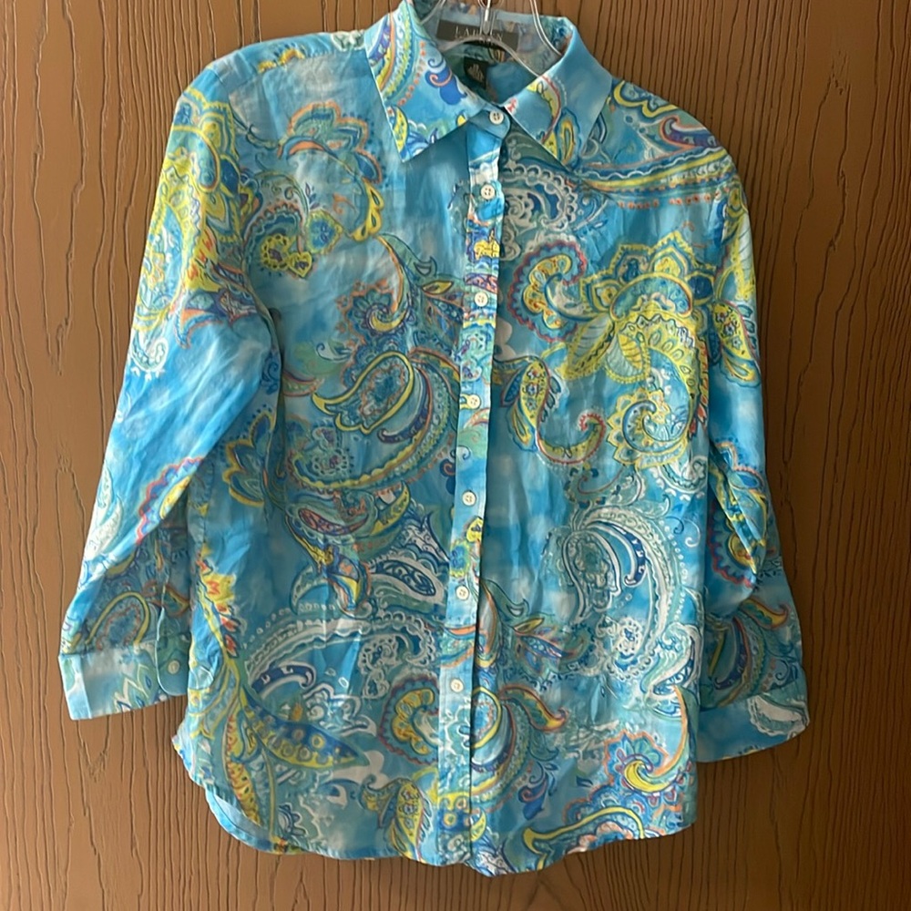 Ralph Lauren Paisley Blouse XS Plus Button Up Shirt Blue Top Boho Vintage Y2K